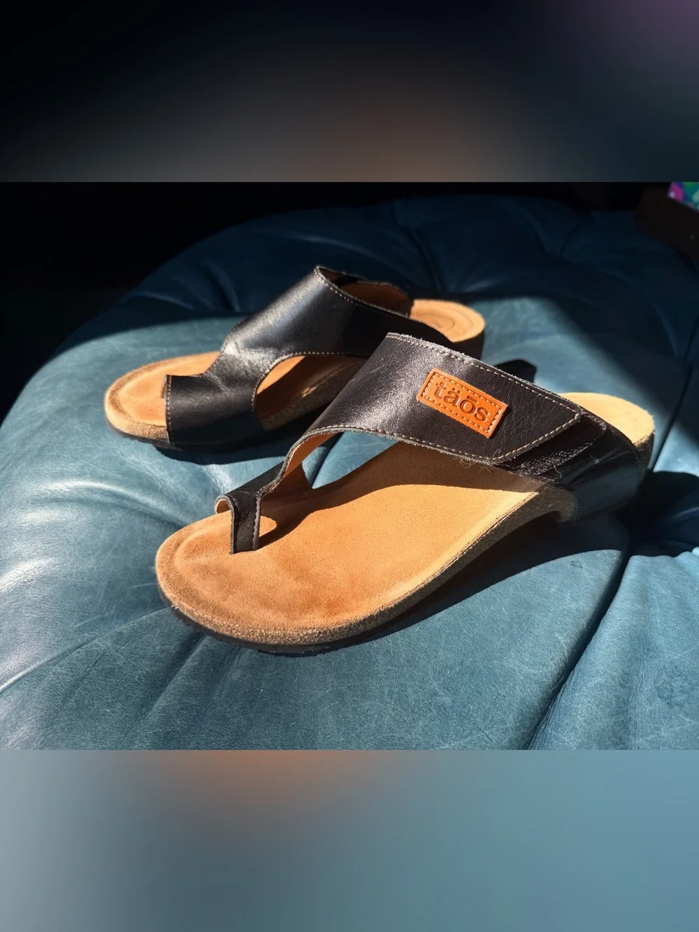 Taos Loop Black Leather Sandals with Tan Suede Footbed 39, 8-8.5